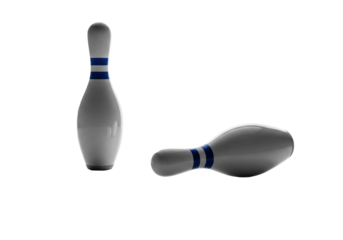 Macro close-up of pristine white bowling pins with bold blue stripes, one standing and one fallen, dramatically lit on a highly reflective studio surface with bokeh, concept of intense competition