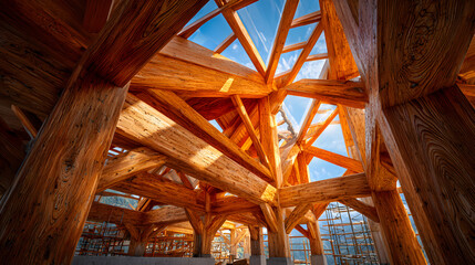Obraz premium Massive wooden structural framework glows under bright sunlight during construction