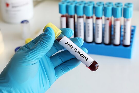 Positive COVID19 Blood Sample in Medical Lab with Doctor Examining Coronavirus Test Results and Treatment Research
