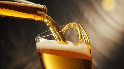 Golden beer pouring into a frothy glass, creating a refreshing stream on a dark background with a soft glow.