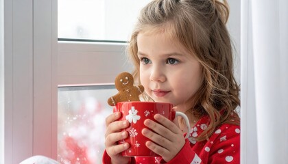 A little girl in red pajamas with snowflakes gently holds a large red mug with a drawn snowman. A gingerbread man sits on the edge of the mug with a frosted smile.