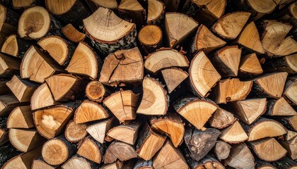A neatly stacked woodpile of birch firewood: round and semicircular logs with pronounced annual rings, light wood and dark bark along the edges.