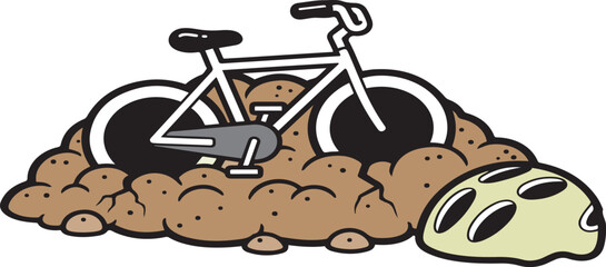 White bicycle and light yellow helmet resting on brown dirt mounds with black outlines bike ground