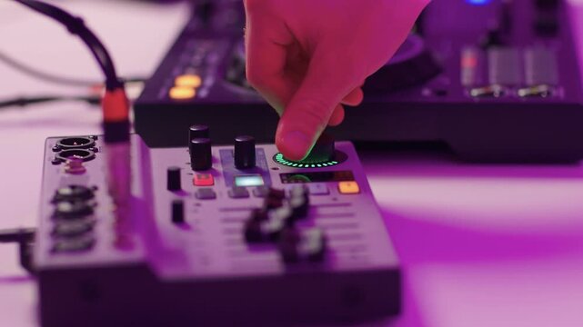 Closeup of tactile controls and vibrant patch cords in studio, Adjusting analog sequencing equipment with bright cables and warm ambient lighting in home studio