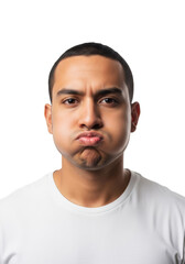 Obraz premium Young hispanic man in crisp white t-shirt, close-up editorial portrait on seamless high-key white background, dramatically pouting with puffed cheeks. concept of human annoyance and petulance