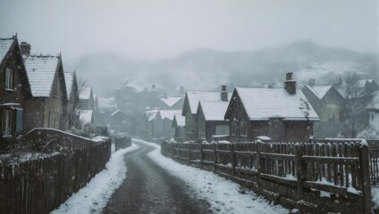Winter landscape; snow-covered village street with houses, fence, hills in background