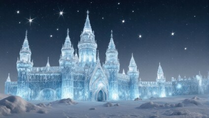 Fototapeta premium A majestic crystal castle sparkles under a starlit winter sky, nestled in snow