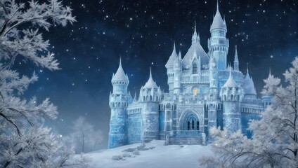 A frosted castle glows under a starry night sky, with snowy trees framing the scene