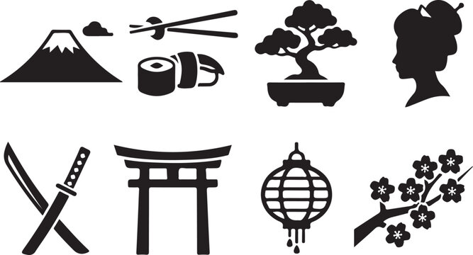 Classic japanese culture icon set: fuji, sushi, bonsai, geisha, katana, torii.