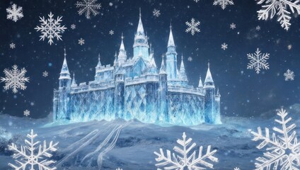 Obraz premium A majestic ice castle glistens amidst falling snowflakes on a snow-covered landscape