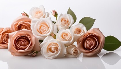 A bouquet of pink rose flowers lies on a white background.