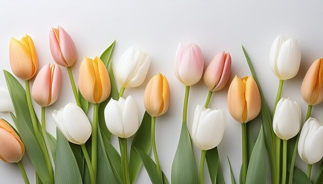 Tulip flowers. Bouquet of spring flowers. Flowers arranged on the background. For Mother's Day.