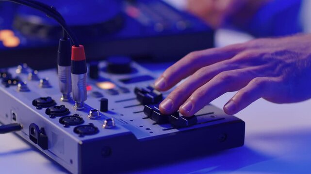 Closeup of tactile controls and vibrant patch cords in studio, Adjusting analog sequencing equipment with bright cables and warm ambient lighting in home studio