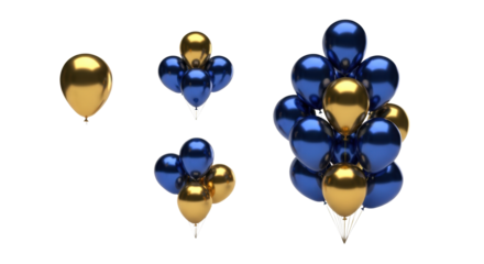 photorealistic 3d rendered cluster of brilliant chrome gold and deep metallic blue mylar balloons floating on a seamless white background with copy space. Luxurious birthday celebration atmosphere