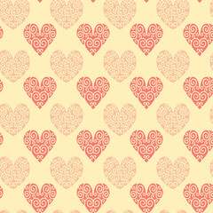 Vector seamless pattern with ornate hearts on a beige background. Valentine's Day background. Основные RGB