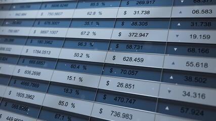 Seamless loop 3D animation of a financial data table with prices, percentages and arrows. Stock market analytics dashboard, blue grid interface, business statistics background. - Powered by Adobe