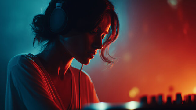Creative female DJ mixes eurodance beats in vibrant neon atmosphere at night