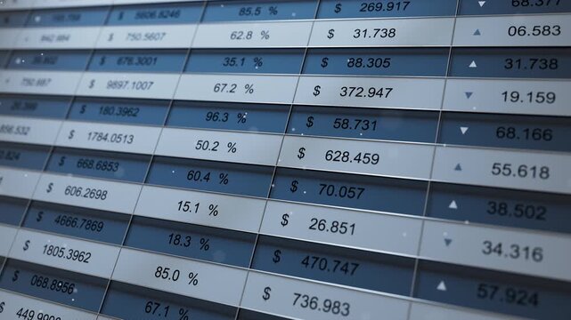 Seamless loop 3D animation of a financial data table with prices, percentages and arrows. Stock market analytics dashboard, blue grid interface, business statistics background.