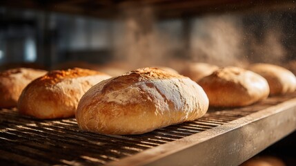 A rack of bread loaves are baking in an oven. The loaves are brown and appear to be freshly baked