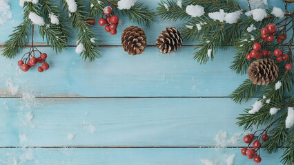 Winter Holiday Background with Pine Branches, Snow and Red Berries on Blue Wooden Surface