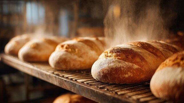 A rack of freshly baked bread loaves with a lot of steam coming off them. The bread is golden brown and looks delicious