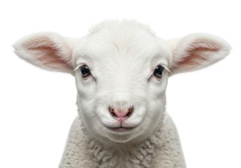 Ultra-photorealistic macro close-up of a newborn white lamb with voluminous wool and brilliant eyes, centered on a bright high-key white studio background with copy space. Concept of endearing