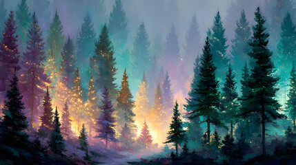 Magical forest with christmas trees and glowing lights christmas card style watercolor abstract artistic winter wonderland nature green woodland holiday background backdrop wallpaper with copy space.