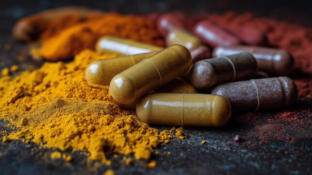 Herbal capsules and colorful powders arranged on a dark surface in a wellness setting