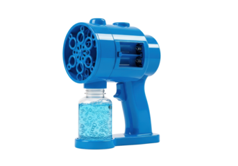Macro shot of a new, electric blue plastic toy bubble blower and soap solution bottle, isolated on a pure white background with sharp highlights and bokeh. Concept of summer childhood fun