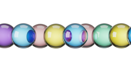 photorealistic, panoramic macro of flawless, crystalline glass orbs exhibiting intense pastel iridescence and light refraction, isolated on clean white copy space. concept for luxury advertising and