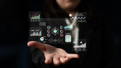 A data analytics interface for visualizing business performance metrics. A collection of charts and graphs for strategic reporting and company analysis. Motif
