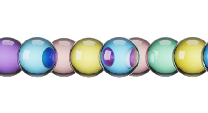 photorealistic, panoramic macro of flawless, crystalline glass orbs exhibiting intense pastel iridescence and light refraction, isolated on clean white copy space. concept for luxury advertising and