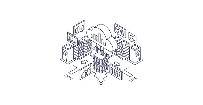 Isometric line illustration of cloud computing with servers data charts coding panels and sync flow arrows
