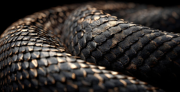 Snakeskin scales. Exotic reptilian pattern. Macro close-up scaly snake skin. Snake scale pattern. Black snake scales. Leathery snake texture. Snakes scales detailed reptilian texture.