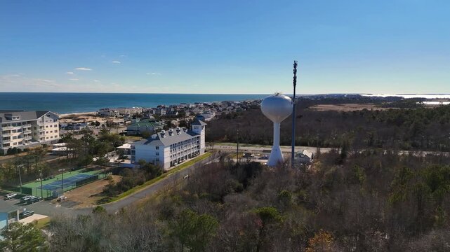 Cinematic Aerial Orbit on Water Tower and Communications Mast in Sandbridge, Virginia Beach