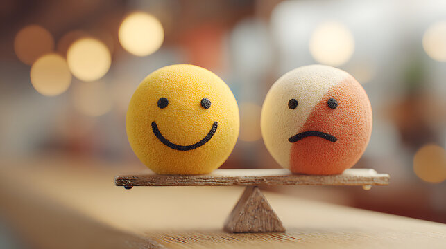 happy and sad smiley face emojis on a balance scale - on a blurred office background. - Powered by Adobe