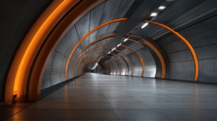 Fototapeta premium A long tunnel with orange lighting. The tunnel is empty and the lighting is bright