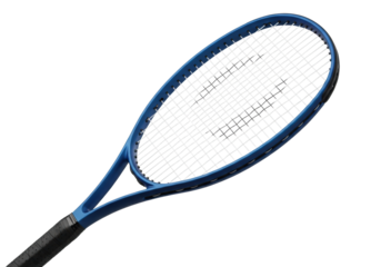 Ultra-modern deep electric blue tennis racket, white strings, black grip, dynamically angled, isolated on a clean white background with copy space. Concept of high-performance sports gear