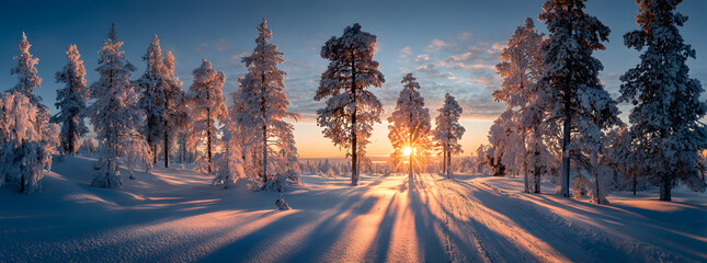 Lapland, Finland. Winter landscape during sunset. North. Trees covered with snow. Winter wonderland. Panoramic landscape. Photo for background, wallpaper, postcards.