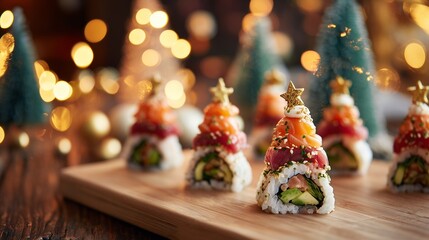 Sushi shaped like Christmas trees with festive decorations ready for a holiday gathering
