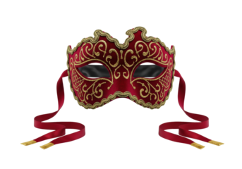 luxurious deep ruby red velvet venetian carnival mask with ornate gold baroque filigree, elegant silk ribbons, isolated still life on pristine white background, concept of historical elegance and