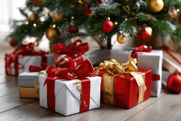 Cozy Christmas and New Year interior with a collection of beautifully wrapped holiday gifts