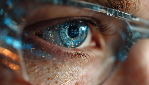 Digital Gaze: A close-up view of an individual's eye reflecting intricate digital data through futuristic glasses. A fusion of technology and human vision.