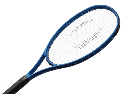 Ultra-modern deep electric blue tennis racket, white strings, black grip, dynamically angled, isolated on a clean white background with copy space. Concept of high-performance sports gear