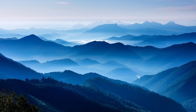 Misty Mountain Landscape At Dawn With Layers Of Peaks And Valleys In Soft Blue Hues