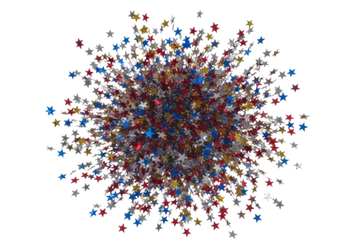spectacular dynamic burst of thousands of tiny metallic star confetti (gold, silver, blue, red mylar) frozen mid-air, isolated on a pure white background. concept of explosive celebration