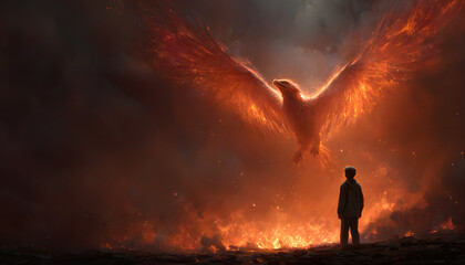 Phoenix rises from ashes. Person watching reborn bird. Concept of rebirth, transformation, hope. Rising after failure. Overcoming adversity. Man looking at mythical creature. Strength, freedom © Prasanth