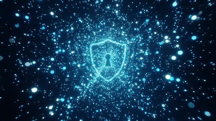 Glowing blue security shield with keyhole made of cyber particles and digital light trails representing futuristic data protection - Powered by Adobe