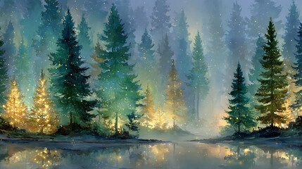 Magical forest with christmas trees and glowing lights christmas card style watercolor abstract artistic winter wonderland nature green woodland holiday background backdrop wallpaper with copy space.