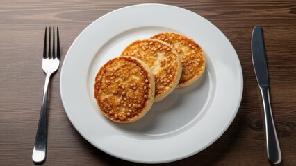 Three golden brown pancakes served on a white plate with silverware